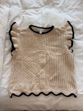 Miou Muse Cream Knit Ruffle Sleeve Sweater with Black Trim